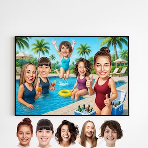 Mädchen-Gruppenkarikatur vom Foto, benutzerdefinierte Gruppe Cartoon-Porträt, personalisiertes Sommergeschenk für beste Freunde oder Junggesellinnen