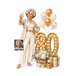 May include: A standing figure with silver hair wearing a cream blazer and trousers, holding a champagne flute. Beside them are large illuminated marquee numbers 80, a bouquet of white and pink flowers, gold balloons, and gift boxes.