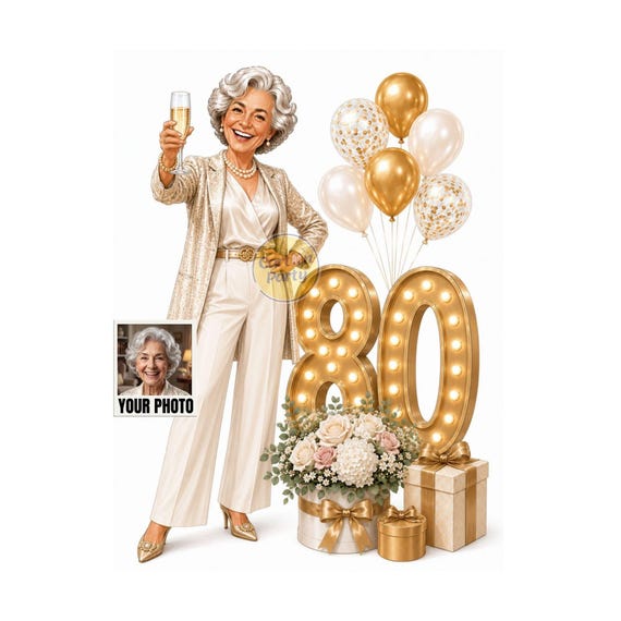 Custom 80th Birthday Caricature from Photo, Funny 80th Birthday Gift for Her, 80 Years Old Cartoon Portrait, Personalised 80th Birthday Card