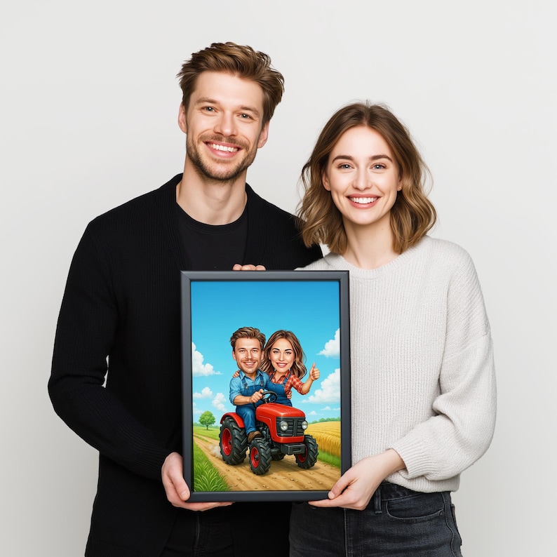 Custom caricature from photo shown as a framed cartoon portrait held by a couple
