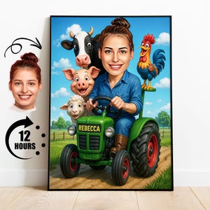 Custom Female Farmer Caricature Cartoon on Tractor with Farm Animals Personalized Funny Gift for Her Farm Life Wall Art