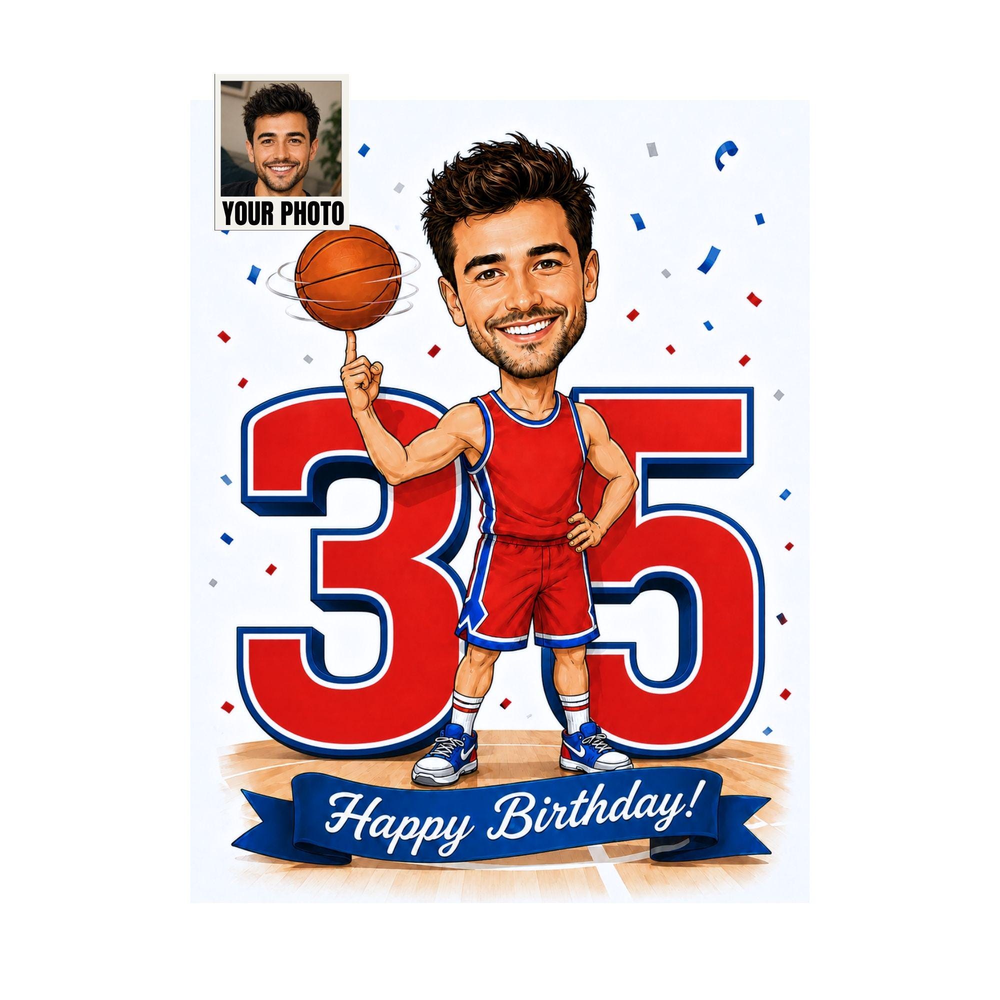 35th Birthday Basketball Cartoon Portrait for Him from photo