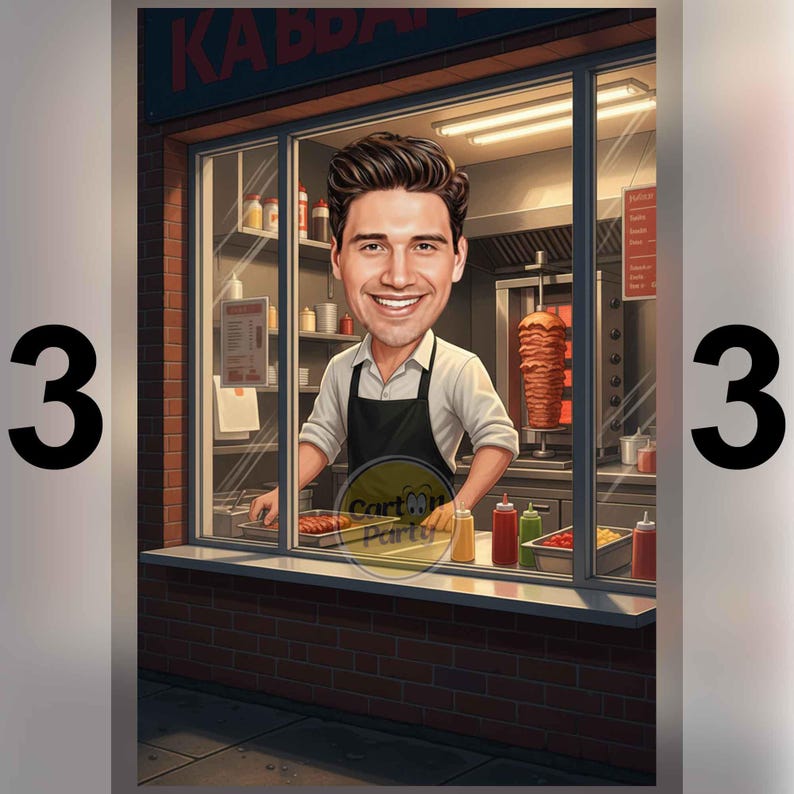Kebab Window Personalized Kebab Chef Cartoon Portrait, Funny Kebab Owner Gift ...