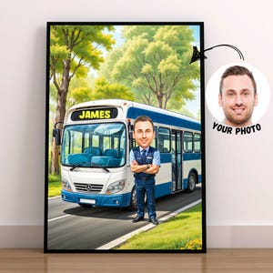 Custom Bus Driver Portrait Personalized Caricature Illustration Bus Themed Artwork Gift for Bus Lovers Unique Father's Day Gift for Him