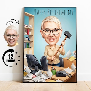 Caricature drôle de retraite, idées cadeaux de patron, portrait de dessin animé personnalisé pour collègues, cadeau d'adieu de bureau personnalisé