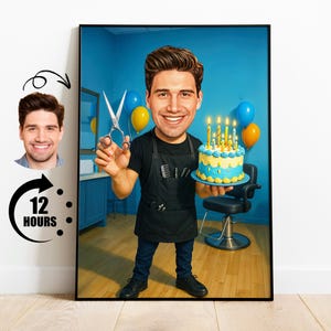 Barber Birthday Gift, Funny Barber Caricature from Photo, Barber Birthday Card, Hairdresser Birthday Cake, Barber Birthday Cartoon