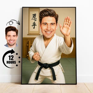 Regalo para instructor de karate, caricatura de artes marciales personalizada a partir de una foto, retrato divertido de dojo, dibujo de karate personalizado