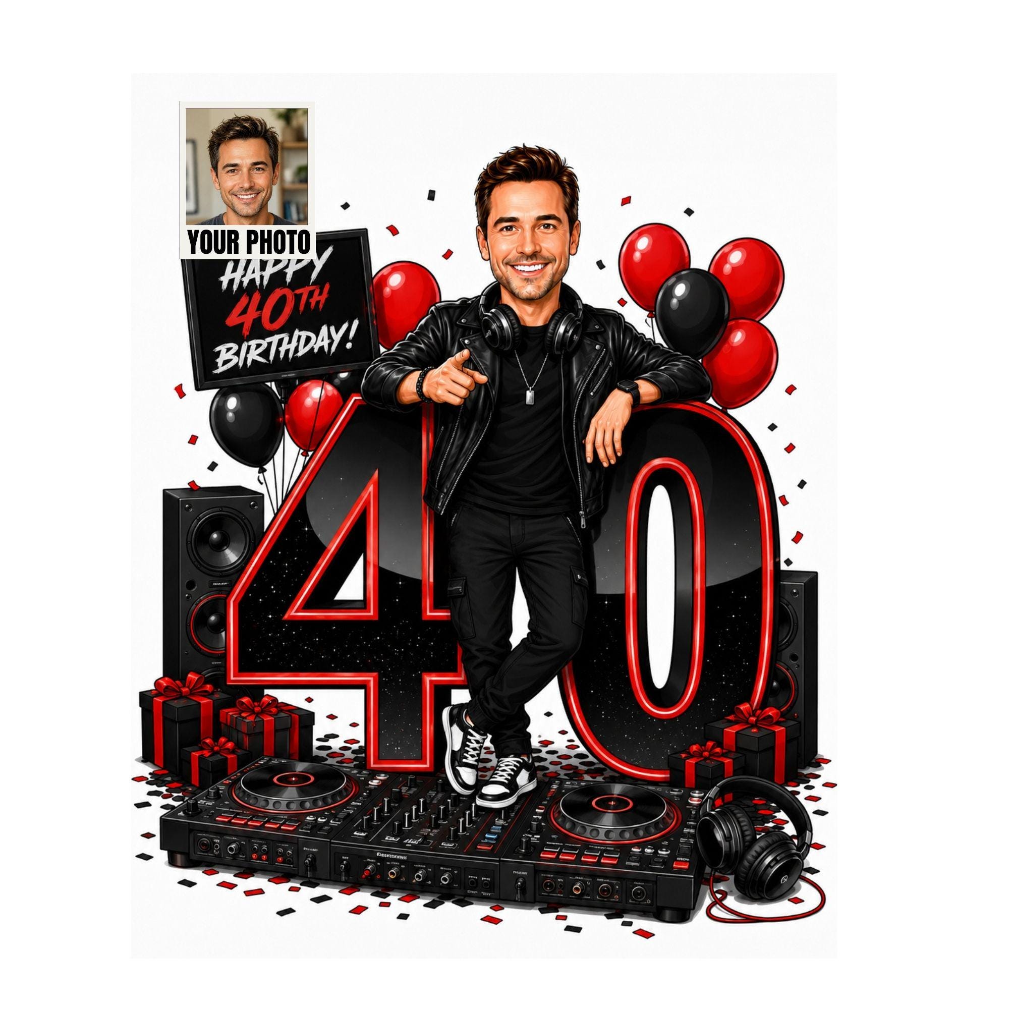 40th Birthday DJ Cartoon Portrait for Him from photo