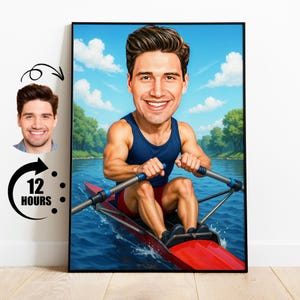 Cadeau pour rameur, caricature d'aviron personnalisée à partir d'une photo, portrait d'équipe drôle, dessin personnalisé de dessin animé Sculler