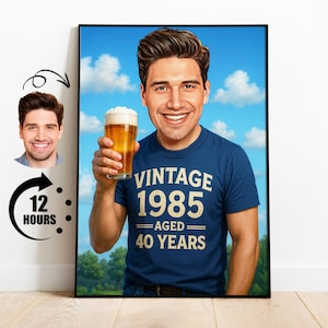 Funny 40th Birthday Gift for Him Custom Caricature with Beer Vintage 1985 Shirt Cartoon Portrait Personalized Wall Art for Men Decor
