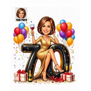 Custom 70th birthday caricature with woman sitting on large number 70 and holding wine glass