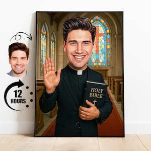 Presente para pastor, caricatura personalizada de padre a partir de foto, retrato engraçado de igreja, desenho animado personalizado da Bíblia
