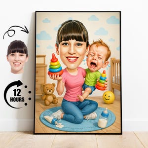 Cadeau pour baby-sitter, caricature de nounou personnalisée à partir d'une photo, portrait drôle de dessin animé de garde d'enfants, art numérique personnalisé d'éducatrice de garderie