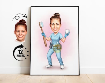 Personalisiertes weibliches Zahnarzt-Karikaturporträt, kundenspezifische Zahnarzt-Karikaturzeichnung vom Foto, lustige Zahnarztkarikatur, Geschenk für Zahnarzt