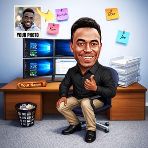 Puede incluir: Ilustración de dibujos animados de un hombre en un escritorio con múltiples pantallas de ordenador. El hombre sonríe y levanta el pulgar. El escritorio tiene una placa con "Your Name" y una papelera. Hay notas adhesivas con nombres en la pared.