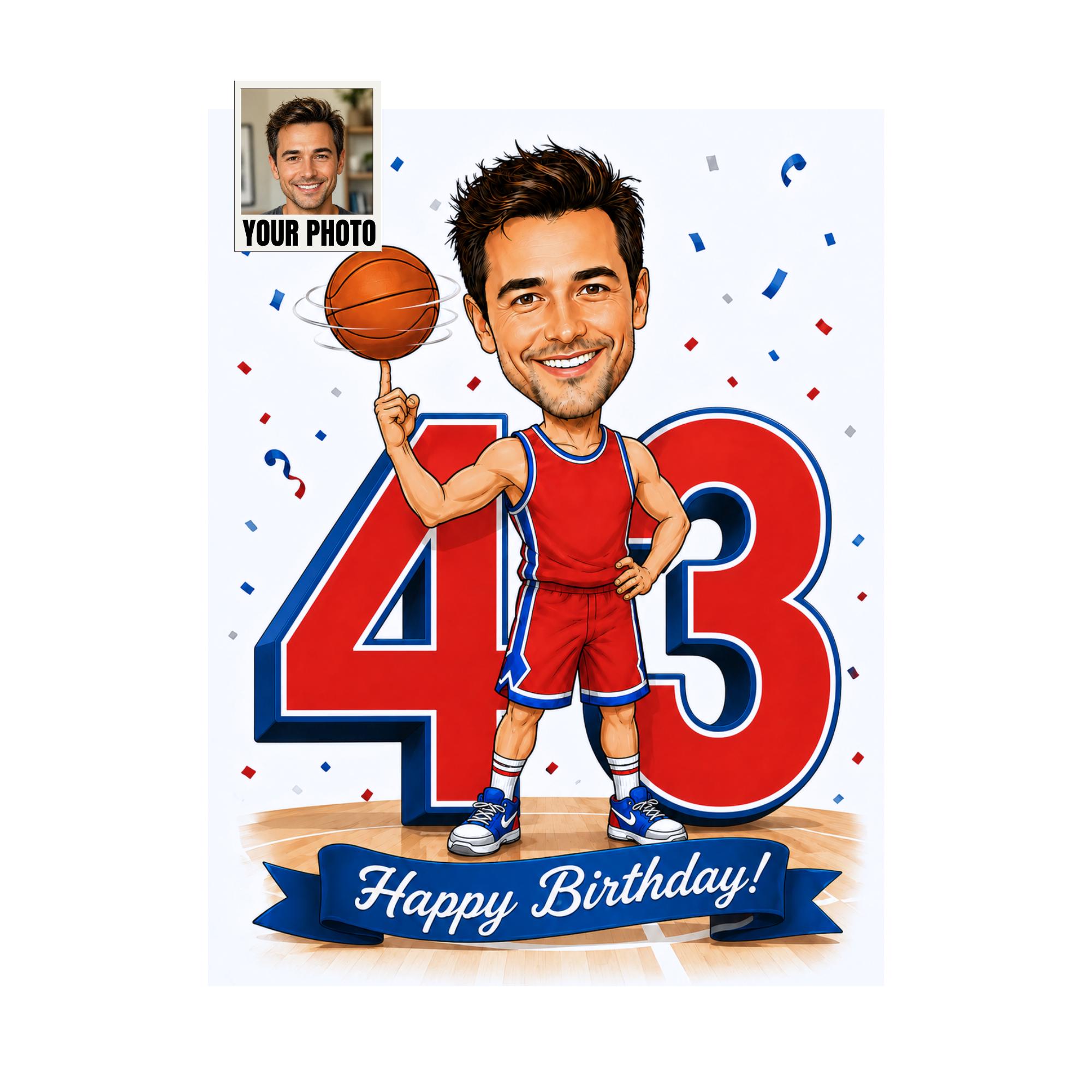 43rd Birthday Basketball Cartoon Portrait for Him from photo