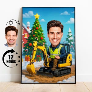 Custom Construction Worker Caricature, Funny Excavator Operator Gift, Personalized Builder Christmas Portrait, Christmas Gift for Dad