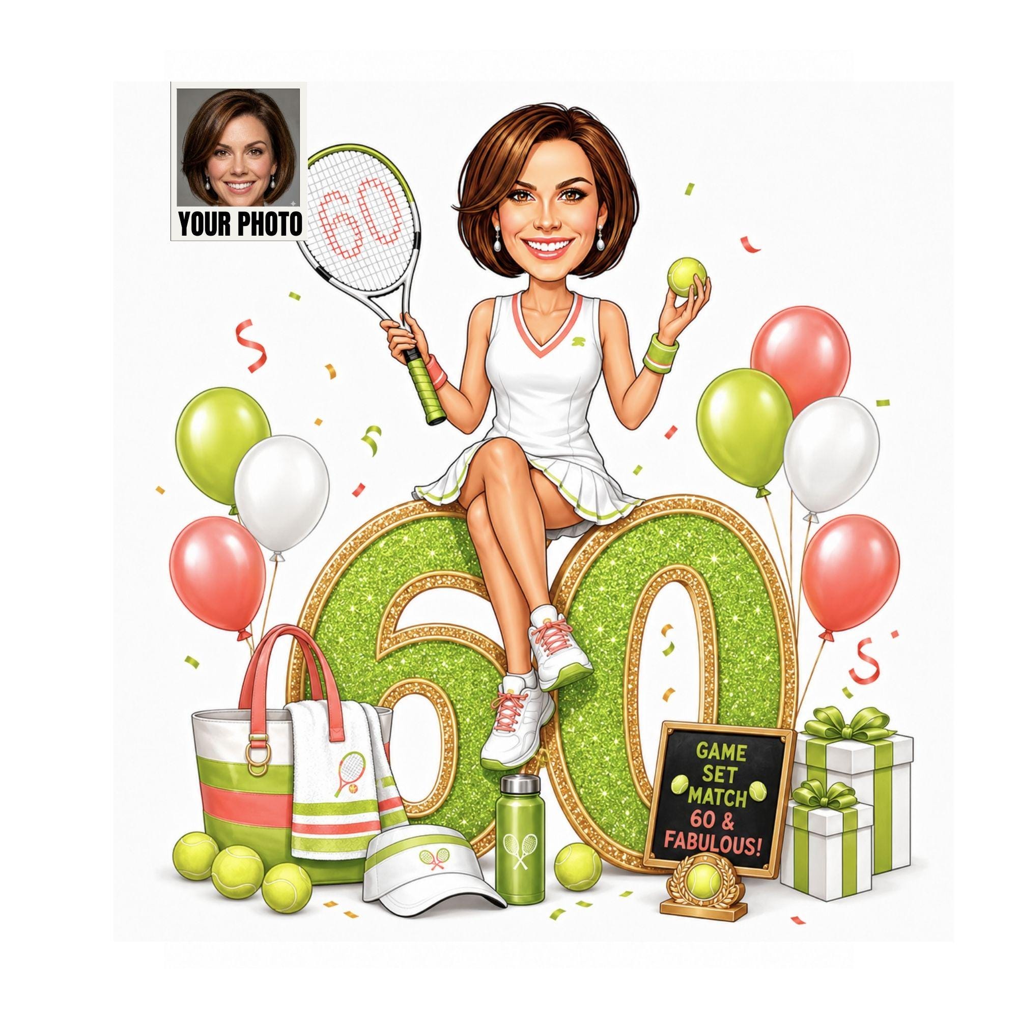 60th Birthday Tennis Cartoon Portrait for Her from photo