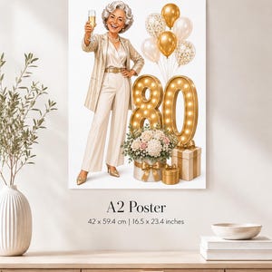 May include: An A2 poster measuring 16.5 x 23.4 inches featuring an illustration of an older person with silver hair wearing a cream suit and holding a champagne glass. Beside them are gold balloons, a large illuminated number 80, and gift boxes.