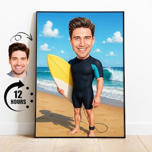 Custom Surfer Caricature from Photo, Surfer Cartoon Portrait, Funny Gift for Surfer, Surfing lover gift
