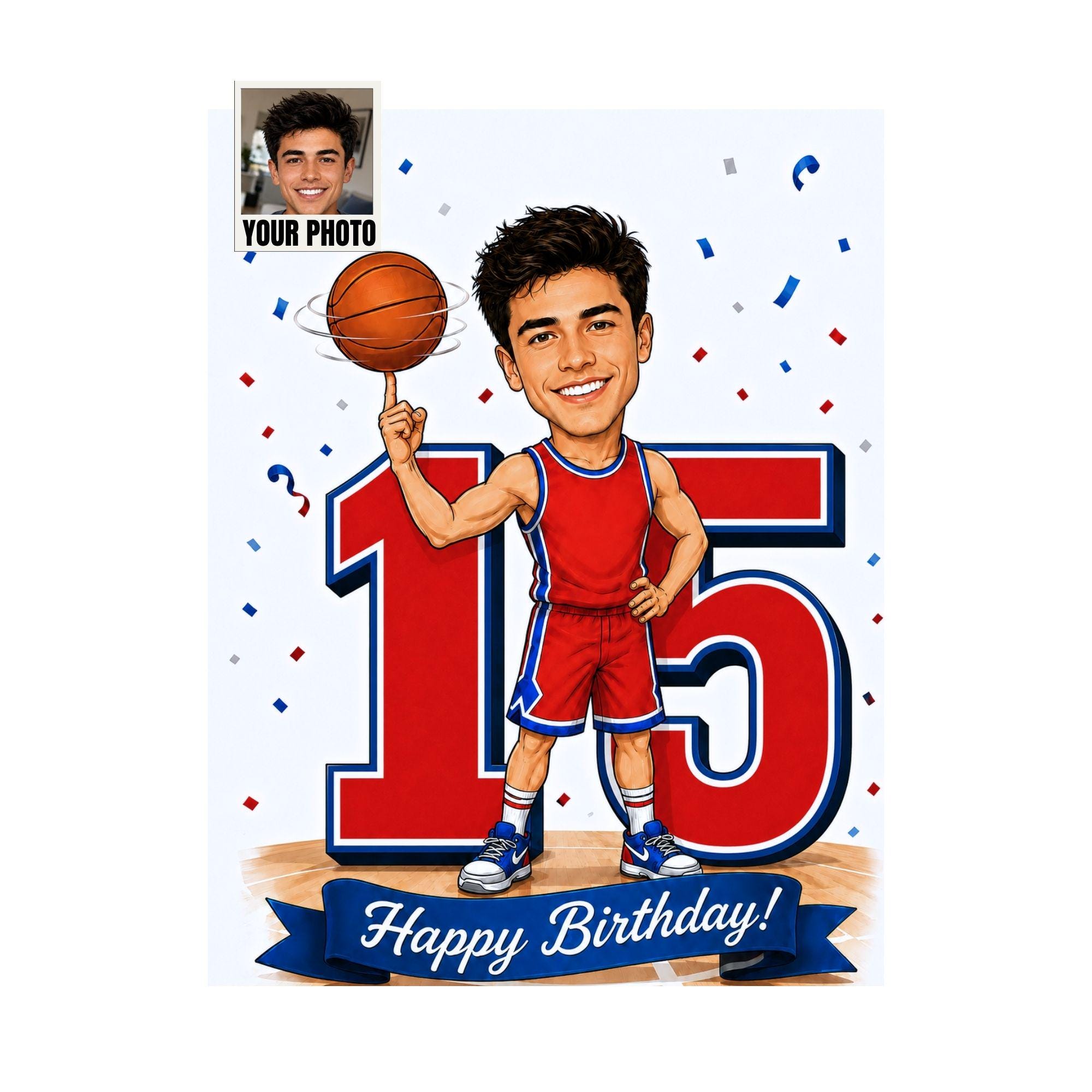 15th Birthday Basketball Cartoon Portrait for Him from photo