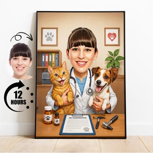 Regalo para veterinario, caricatura personalizada de médico de mascotas a partir de una foto, retrato divertido de veterinario, caricatura personalizada de clínica veterinaria