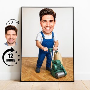 Retrato de desenho animado de lixadeira de piso, presente para piso de parquet, caricatura de lixadeira de piso personalizada a partir de foto, presente para trabalhador de piso