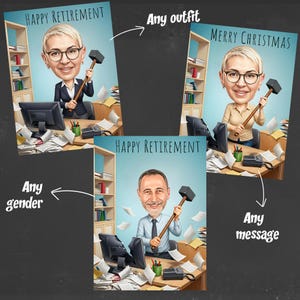 May include: Three cartoon illustrations of people at a desk holding a hammer. The text "Happy Retirement" and "Merry Christmas" are displayed. The illustrations are on a light blue background with flying papers.