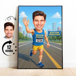 Caricatura de corredor de maratón a partir de una foto, regalo de maratón de Boston para él, arte de carrera personalizado, póster de descarga digital