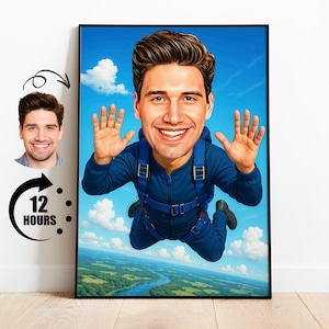Regalo para paracaidista, caricatura personalizada de paracaidista a partir de una foto, retrato divertido de paracaidista, arte personalizado de paracaidista