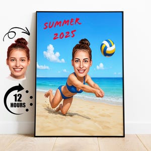 Caricatura de vôlei de praia a partir de foto, jogadora de vôlei de desenho animado personalizada, presente personalizado para amantes do esporte, caricatura de verão
