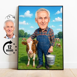 Farmer Birthday Caricature from Photo, Funny Farmer Cartoon Portrait, Dad Birthday Caricature,Farmer with Cow Caricature