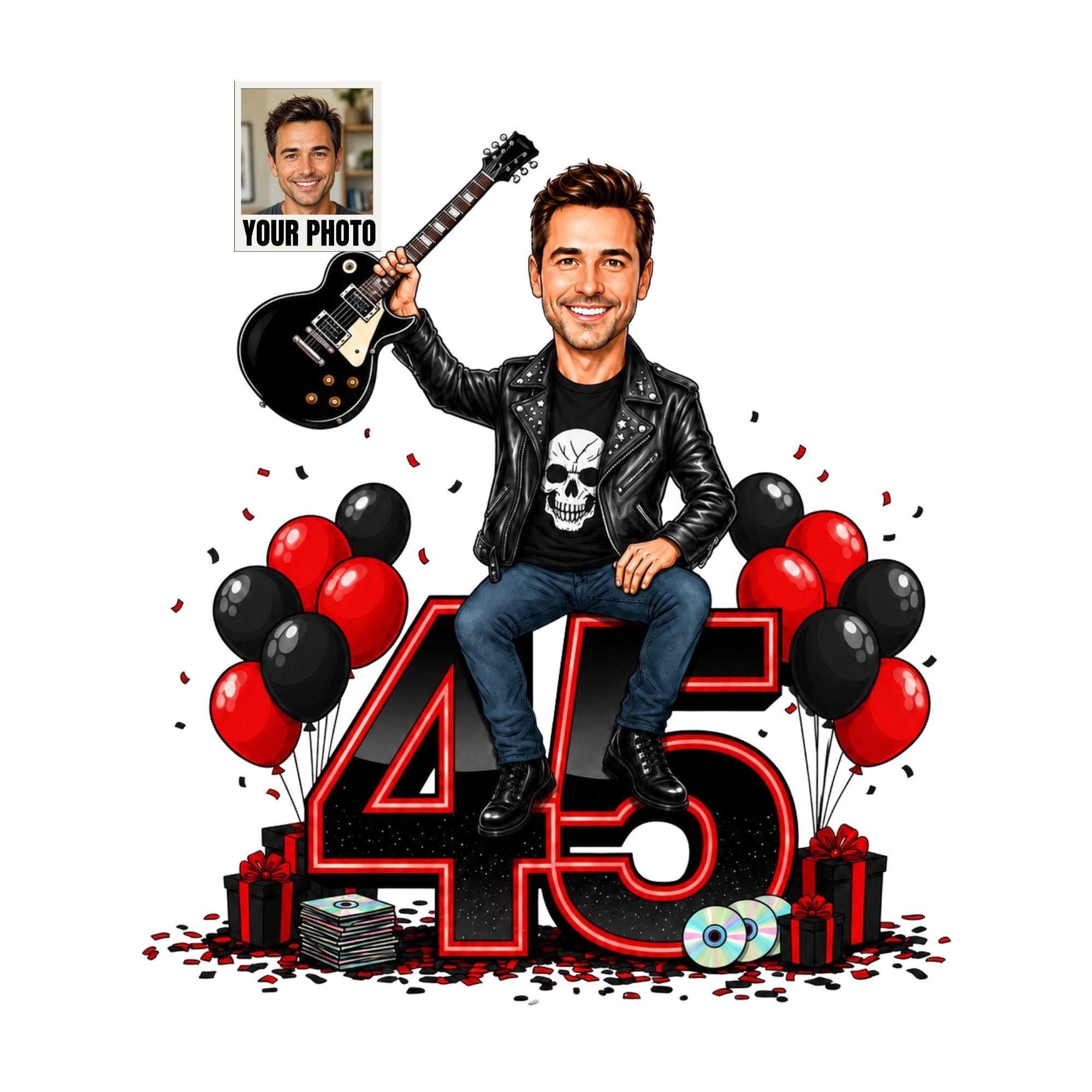 45th Birthday Rocker Cartoon Portrait for Him from photo