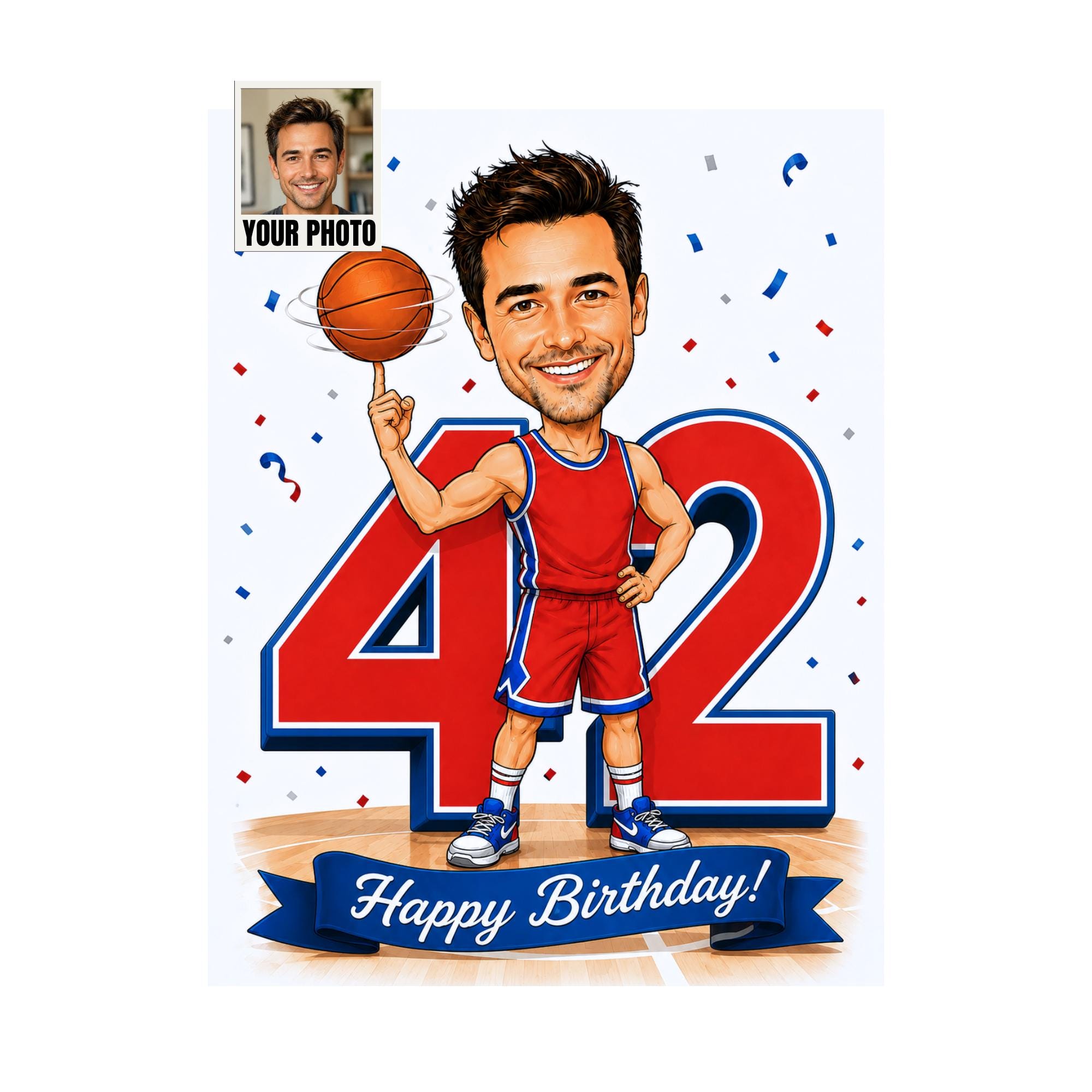 42nd Birthday Basketball Cartoon Portrait for Him from photo