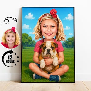 English Bulldog Girl cartoon Portrait, English Bulldog Girl gift, Custom English Bulldog Girl Caricature from photo, Gift for Dog Lover