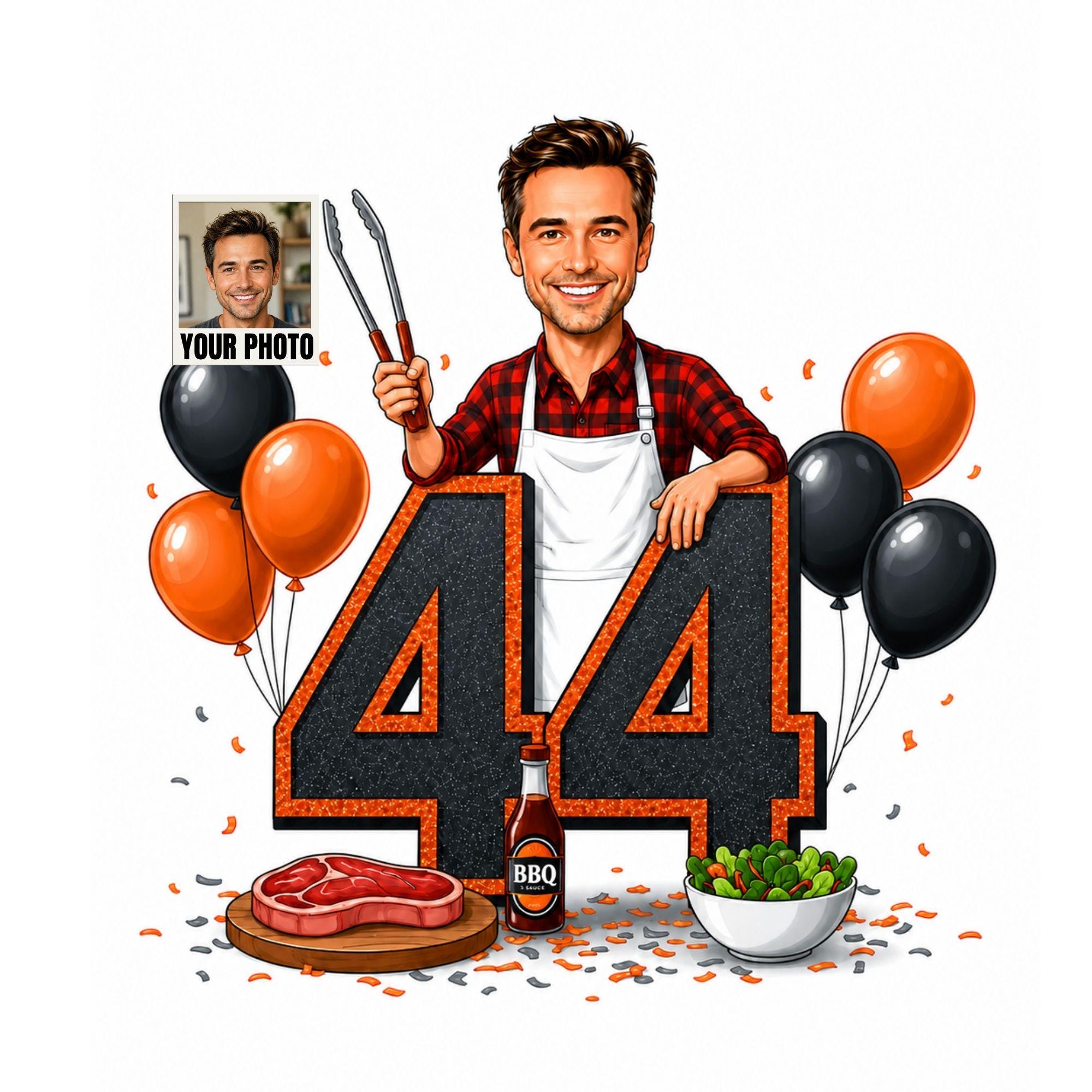 44th Birthday BBQ Cartoon Portrait for Him from photo