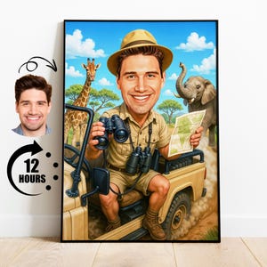 Geschenk für Safari-Liebhaber, benutzerdefinierte Safari Entdecker-Karikatur vom Foto, lustiges Karikatur-Porträt der wild lebenden Tiere, personalisierte Dschungel-Abenteuer-Kunst