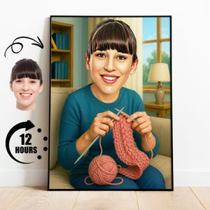 Gift for Knitter, Custom Knitting Caricature from Photo, Funny Yarn Lover Portrait, Personalized Crafting Cartoon for Women