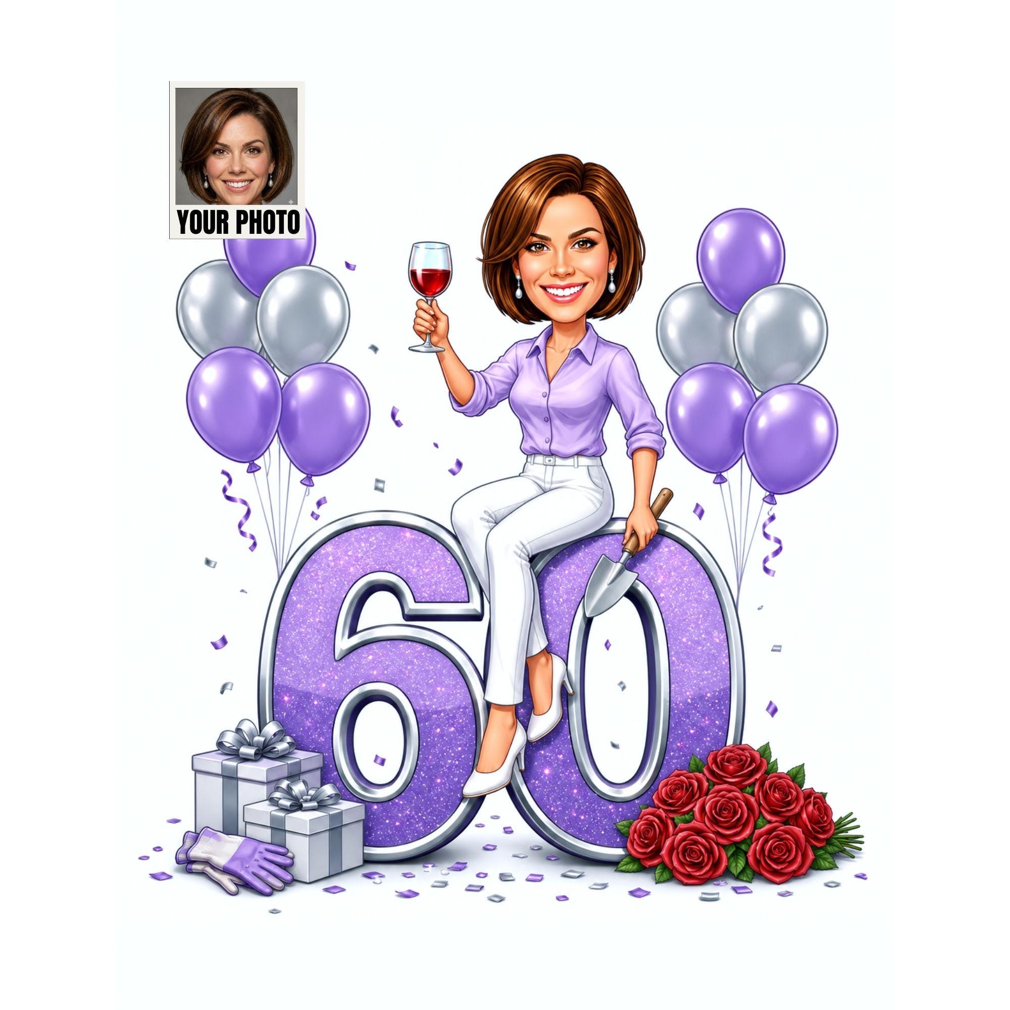 60th Birthday Gardener Cartoon Portrait for Her from photo