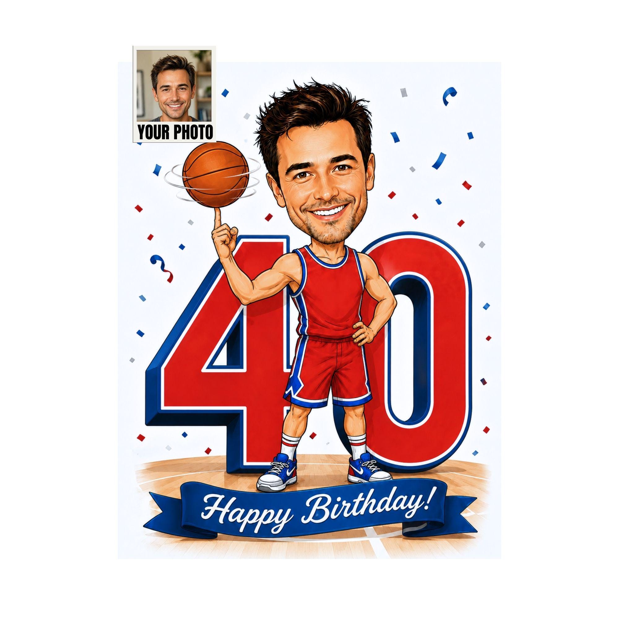 40th Birthday Basketball Cartoon Portrait for Him from photo
