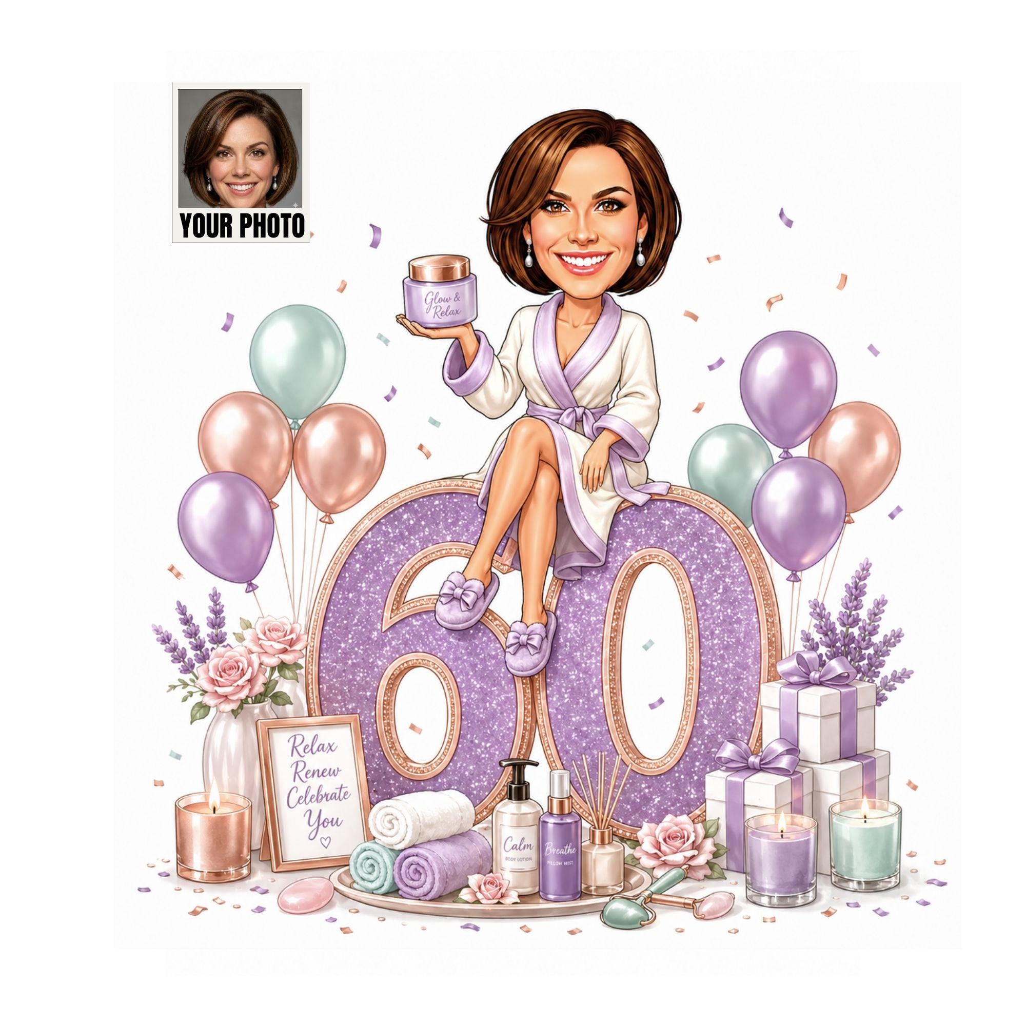 60th Birthday Spa Cartoon Portrait for Her from photo
