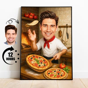 Prezent dla szefa kuchni pizzy, spersonalizowana karykatura producenta pizzy ze zdjęcia, zabawny portret pizzerii, spersonalizowana kreskówka miłośnika pizzy