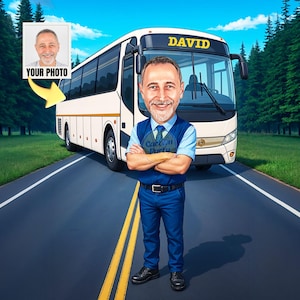 Personalized Gift for Bus Driver, Bus Driver Cartoon Portrait, Custom Bus Driver Caricature Drawing from Photo, Bus Driver Caricature Gift