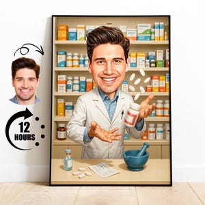 Cadeau voor apotheker, aangepaste apotheekkarikatuur van foto, grappig portret apotheker, gepersonaliseerde medicijncartoonkunst