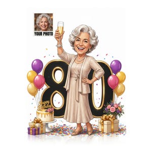 Custom 80th birthday caricature with woman, number 80, balloons and champagne