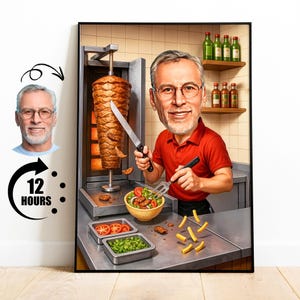 Cadeau pour propriétaire de boutique de kebab, caricature personnalisée de propriétaire de kebab à partir d'une photo, idées cadeaux drôles pour les amateurs de kebab, portrait de dessin animé de propriétaire de kebab
