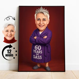 Zabawny prezent na 60. urodziny dla niej niestandardowy portret karykaturalny 60 lat Sass Cartoon Art prezent dla mamy babci przyjaciółki cyfrowy wydruk ścienny
