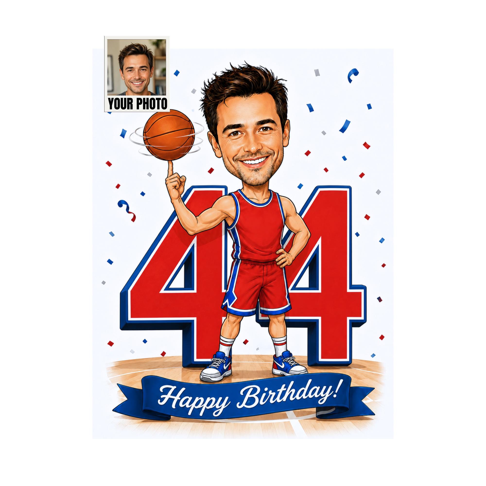 44th Birthday Basketball Cartoon Portrait for Him from photo
