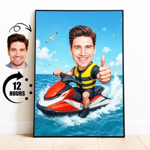 May include: A framed cartoon illustration of a person riding a red and white jet ski on blue water. The person is wearing a yellow and black life vest and giving a thumbs up. Seagulls fly in the blue sky. A smaller image of the person is in the upper left corner.