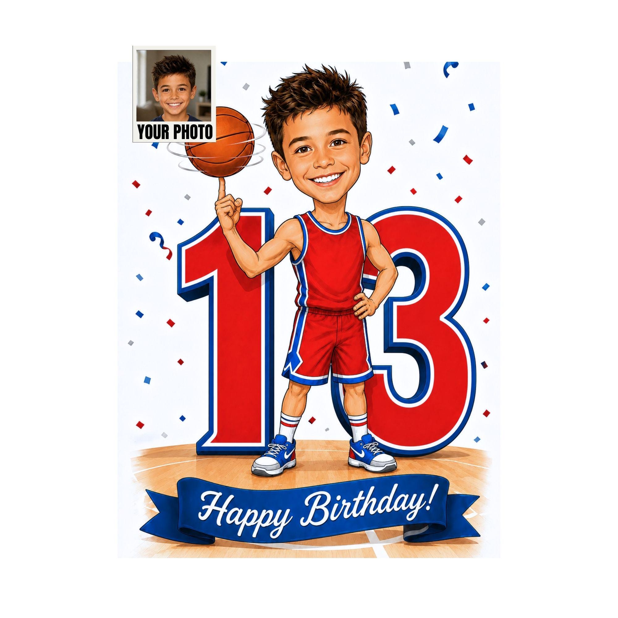 13th Birthday Basketball Cartoon Portrait for Him from photo